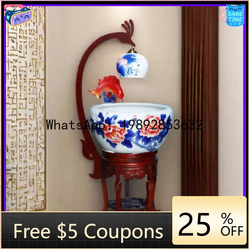 AB  Jingdezhen Ornament Ceramic New Chinese Style Fish Tank Circulating Oxygenation Flowing Water Humidification Floor Fish Tank