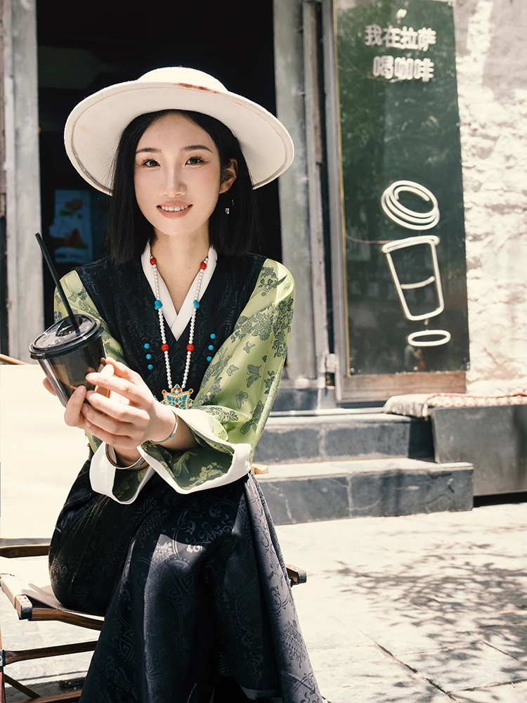 

Chinese Style Printed Black Lhasa Tibet Dress Women's Daily Hanfu