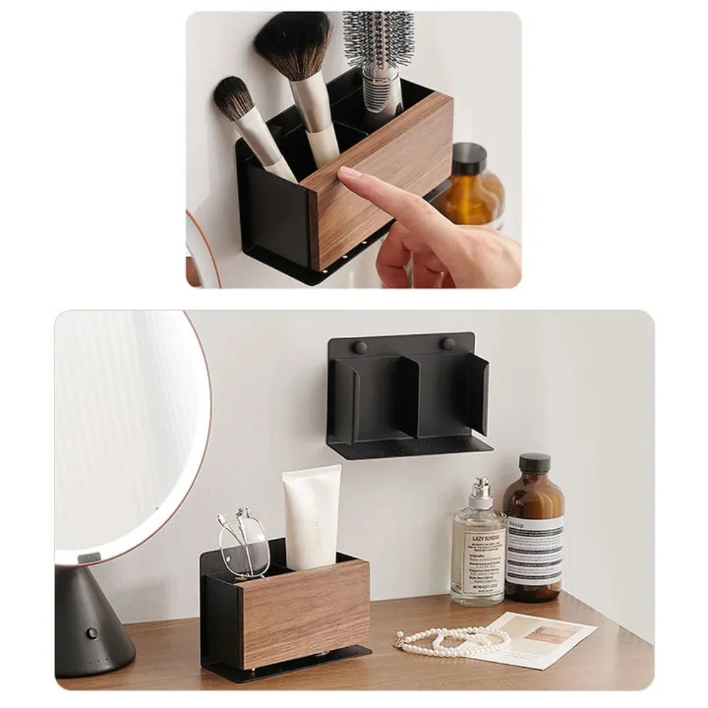 Wooden Metal Makeup Brush Storage Tube Bathroom Comb Holder Toothpaste Toothbrush No Punching Wall Mounted Bathroom Razor Holder