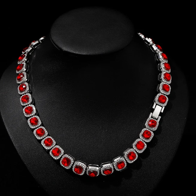 alloy full-crystal  Cuban chain, Red  Small Zircon Edge Square Tennis Necklace,Luxury Jewelry Gift to Girlfriend Sister