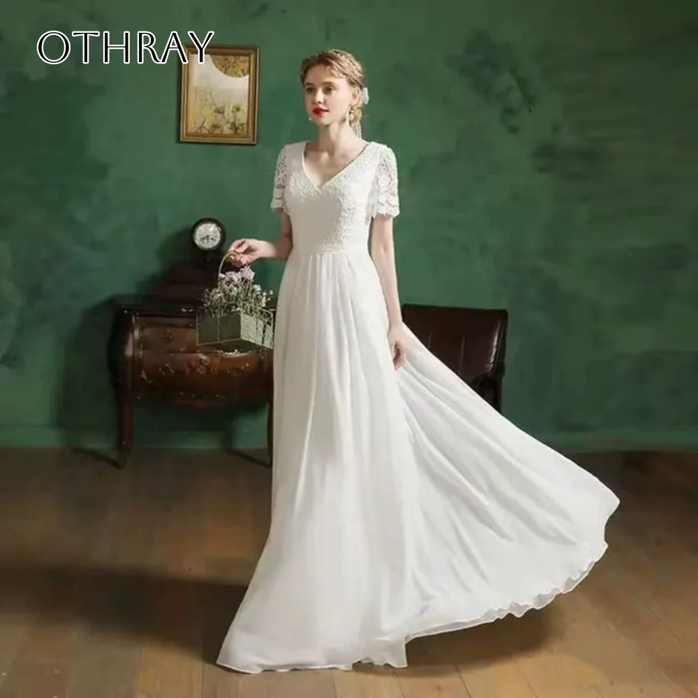 V-neck Lace Short Sleeves A-line Bridal Wedding Gown Pleated Chiffon Floor Length Customized свадебное платье