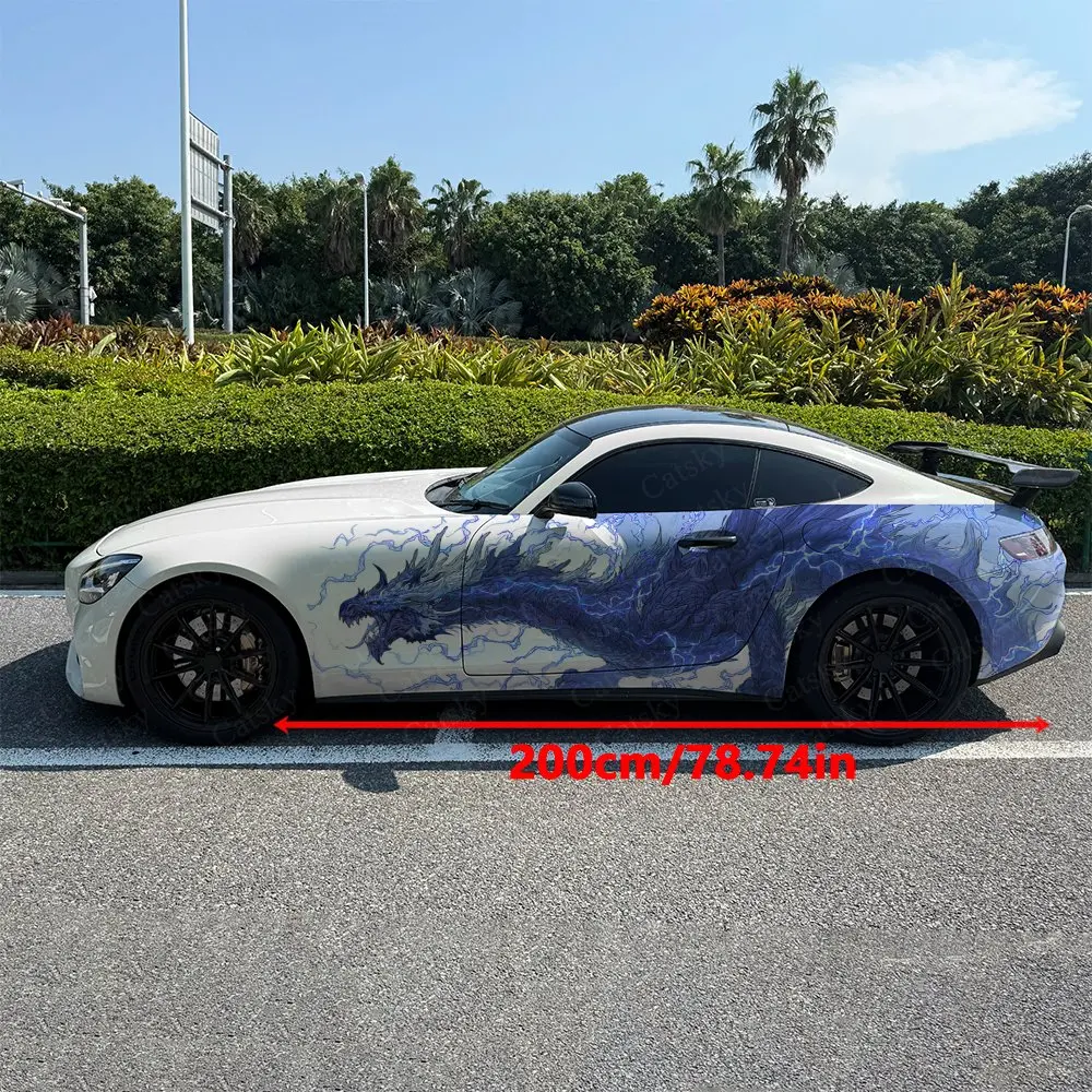 2pcs Blue Lightning Mist with Dragon Car Side Wrap, Self-Adhesive PVC Waterproof & Scratch-Resistant Sticker, Car Accessory Gift