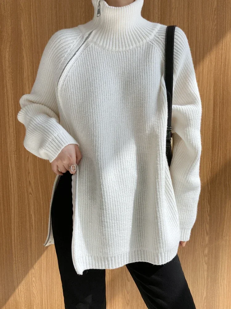 Double Zipper Grey Turtleneck Fashion Loose Fit Casual Long Women Sweater Woman Simplicity Oversize Retro White Pullover Women