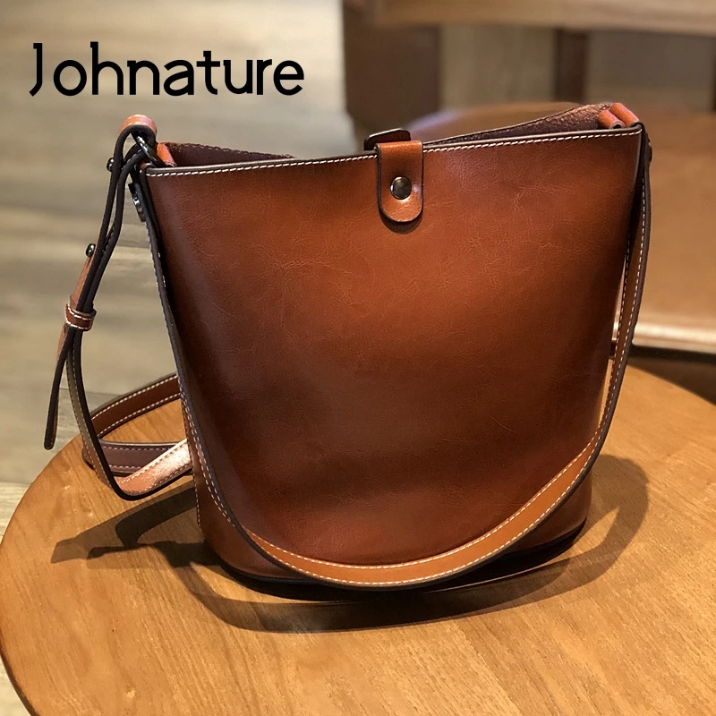 Johnature 2024 New Simple Korean Cow Leather Women Bag Leisure Solid Color Soft Cowhide Bucket Lady Shoulder Messenger Bags