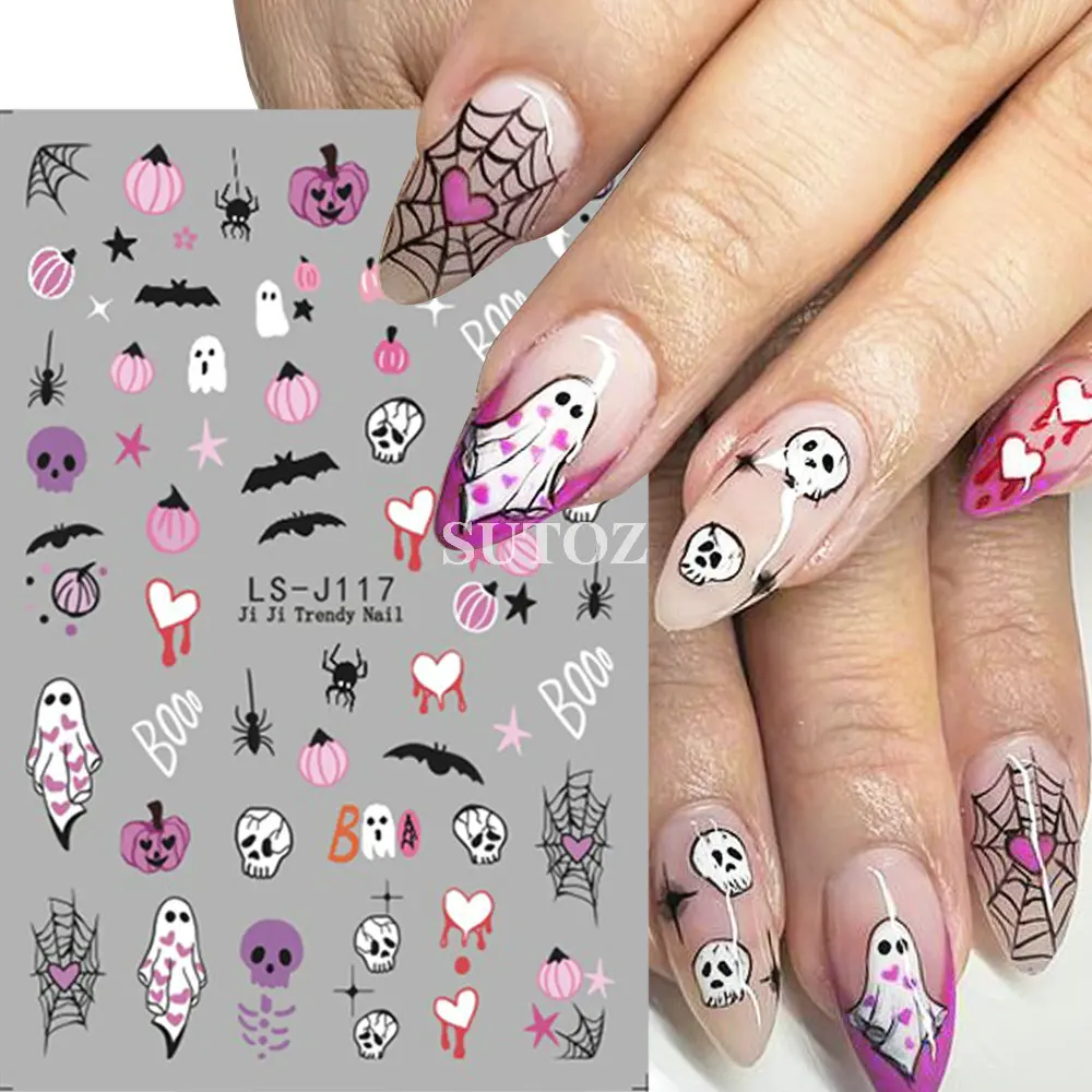 Cartoon Ghost Nail Stickers decorazione di Halloween Cute Pumpkin Slider Heart Spider Web Bat Skull Charms Manicure Decal LEBLS-J116