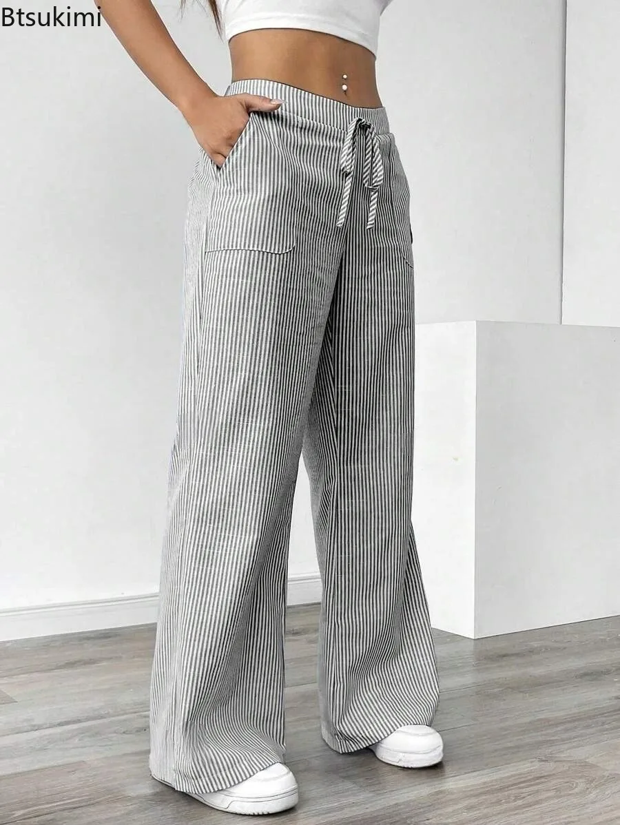 2026 Women's New Striped Wide Leg Pants Casual Comfortable Trousers Polyester Woven Fabric Mid Waist Full Length Loose Fit Wear