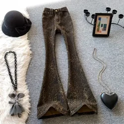 High Street Leopard Print Flare Pants New Bottoms Pantalon Female Slim Fashion Streetwear Y2k Jeans Casual Retro Denim Trousers