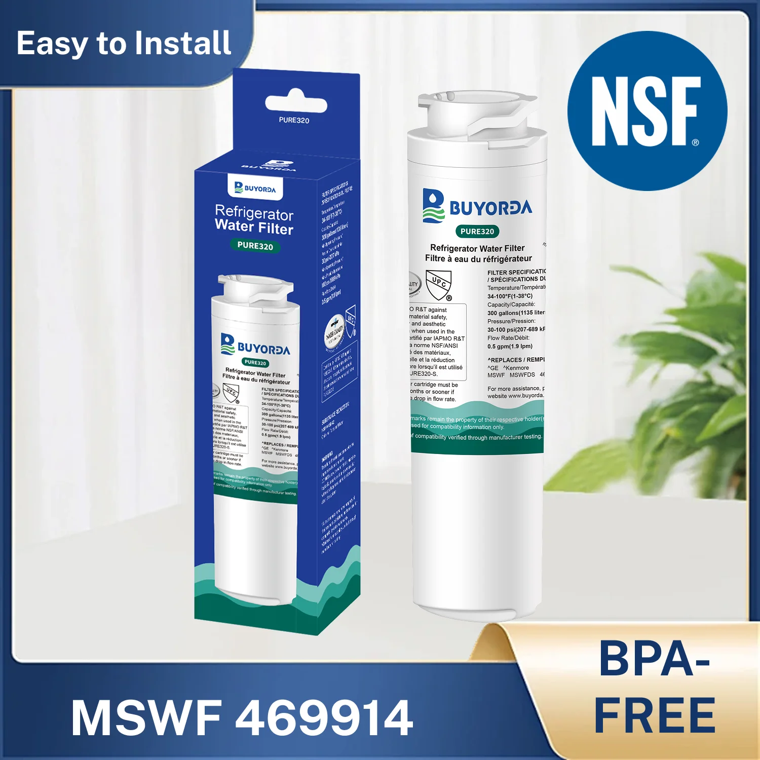 فلتر مياه بديل لثلاجة MSWF متوافق مع for GE MSWF 101820A 101821B RWF1500A, ترشيح عالي الجودة لتقليل PFAS والرصاص