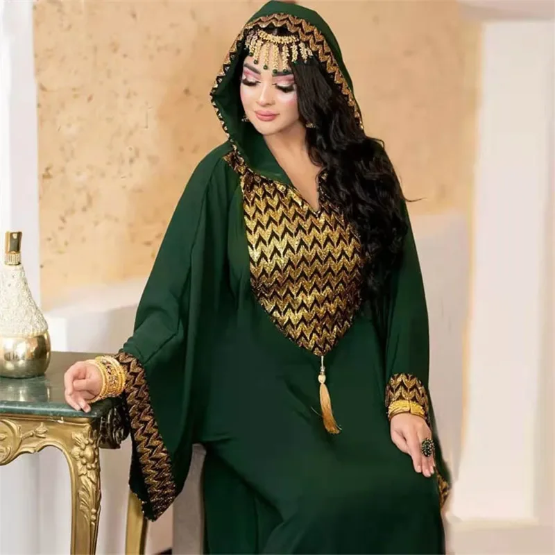 Vestido Abaya caftán musulmán para mujer, Abayas de Dubái, vestido de noche de lujo, vestido africano elegante con capucha de talla grande Boubou Djellaba para mujer