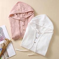 Women T-shirt Vintage Half Sleeve Hooded Shirts Women's Embroidered Loose Fit Blouse with Lace-up Detail Drawstring Thin