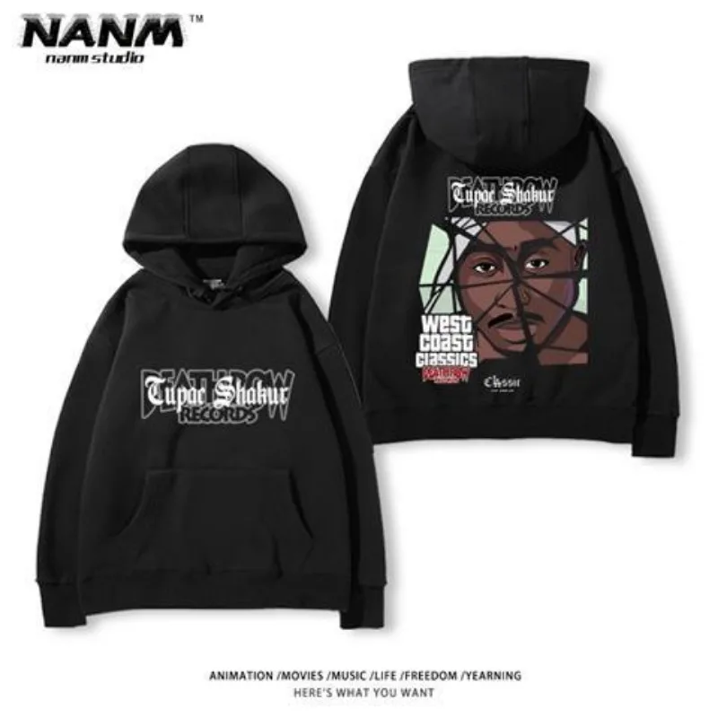 2Pac Hip Hop Hooded Sweater Korean Version of Men and Women Autumn and Winter Hip Hop Vintage Trend Print Street Clothes