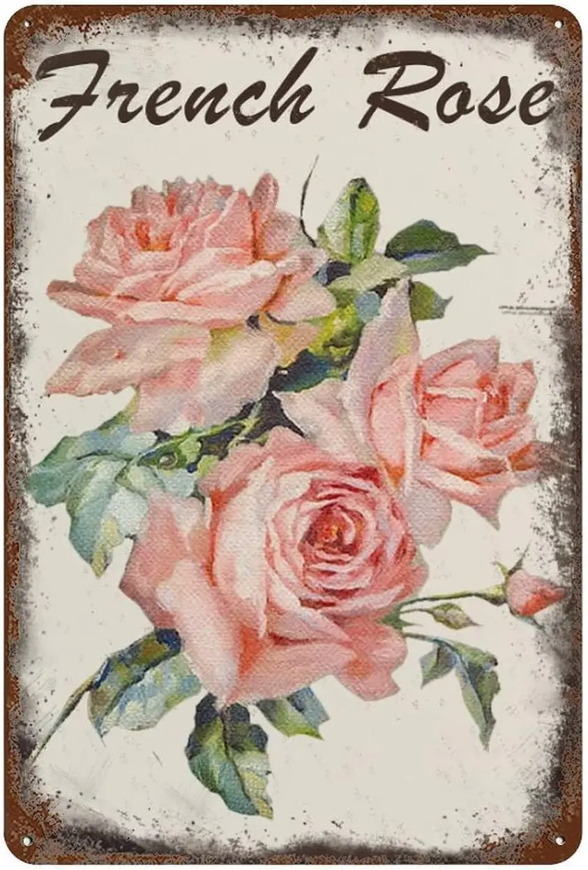 French Rose Pink Floral Retro Rose Flower Vintage Pastoral Artistic Tin Painting Home Living Room Decor Pin Up Garden Metal Wall