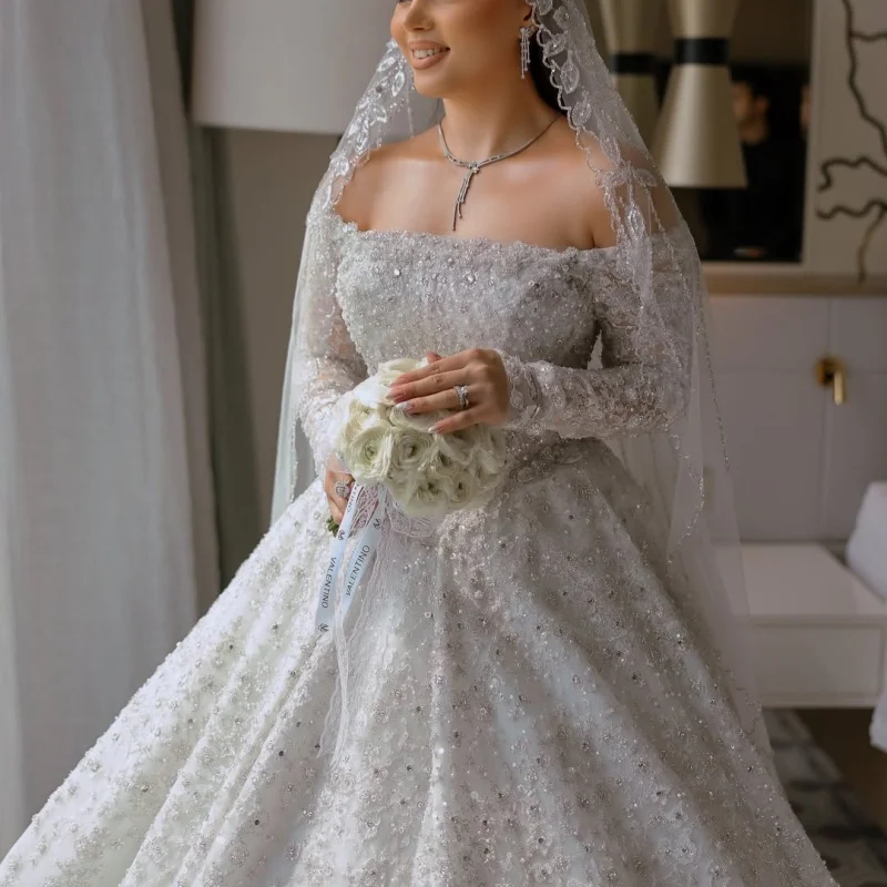 White Appliques Wedding Dresses Beadwork Crystal Decal Puff Skirt long tail Puff Skirt Made Wedding Dress Bridal Gown Customize