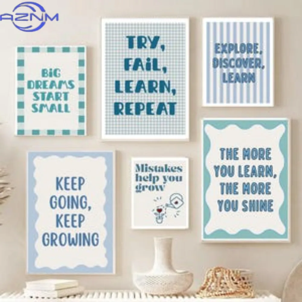 1 Piece of Frameless Blue New Semester Motivation Poster Canvas Painting,Positive Quotations for Boys' Room Dormitory Decoration