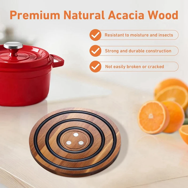 ABVJ-2 Pcs Magnetic Wooden Trivets, Black Silicone Rings, Magnetic Pot Holder For Le Creuset Enameled Cast Iron Dutch Oven