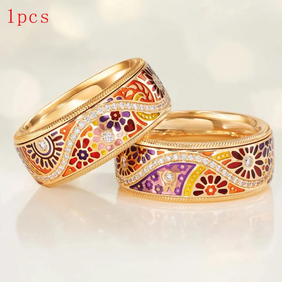 1pc Exquisite Inlaid White CZ Miniature Painting Women's Ring Trendy Golden Color Hand Carving Daily Wear Party Jewelry