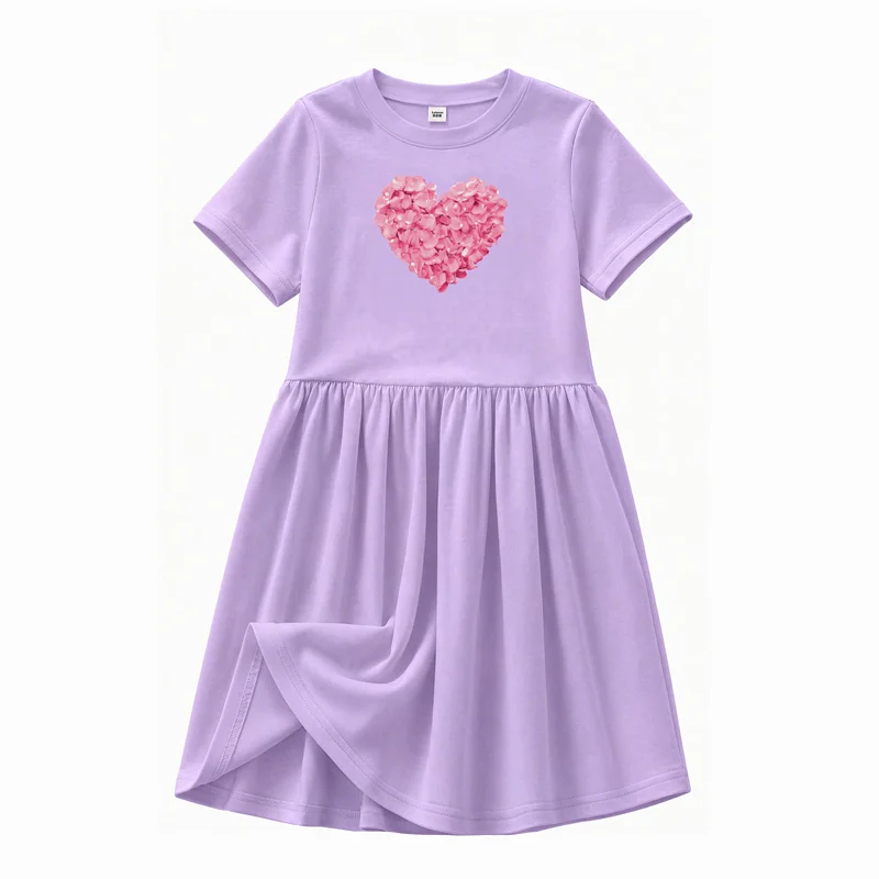 Girls Summer Heart Floral Print Twirl T‑Shirt Dress 3‑12Y Soft Cotton Short Sleeve A‑Line Flowy Casual Dress for Play & School