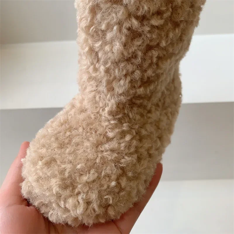 Kids Shoes for Girl Korean Style Girls Snow Boots 2023 Winter New Fashionable Lamb Wool Warm Mid Calf Boots Fluffy Girls Boots