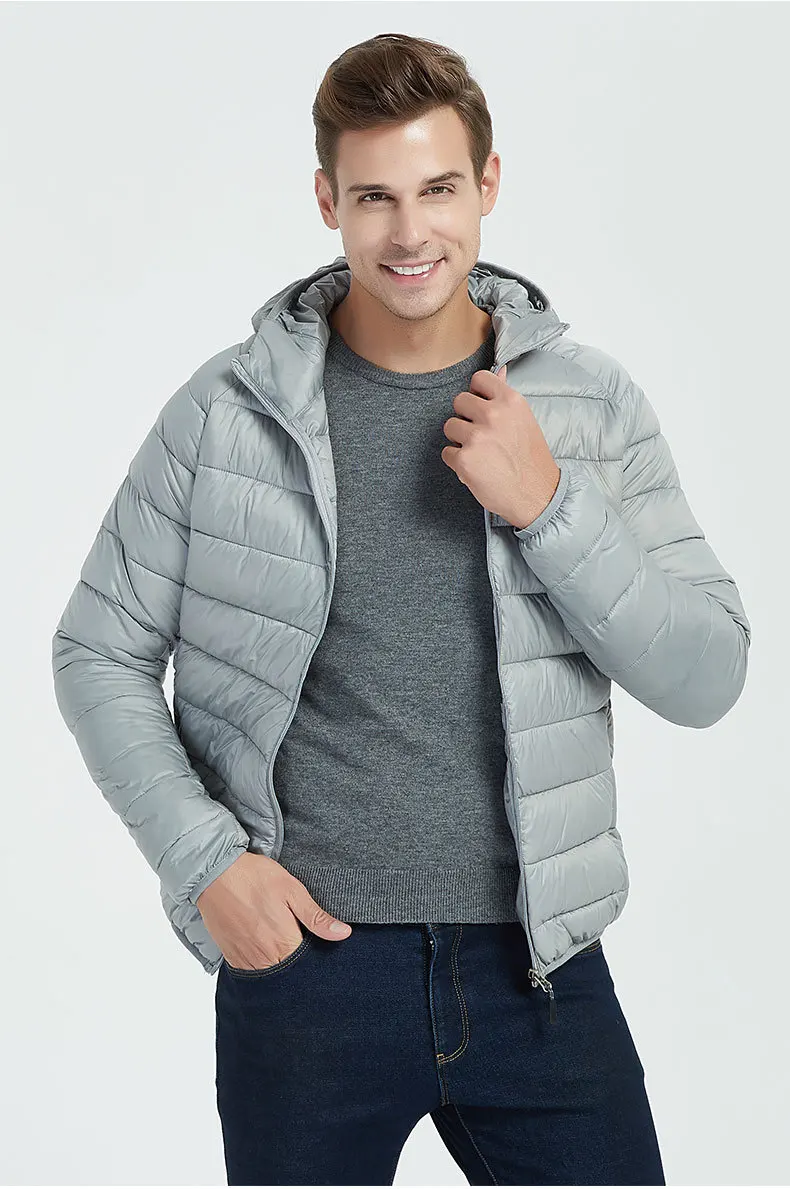 Men Hiking Down Cotton Jacket Hooded Lightweight Parkas Zip Pocket Fashion Outerwear Casual Padded Jacket and Coat Men Winter