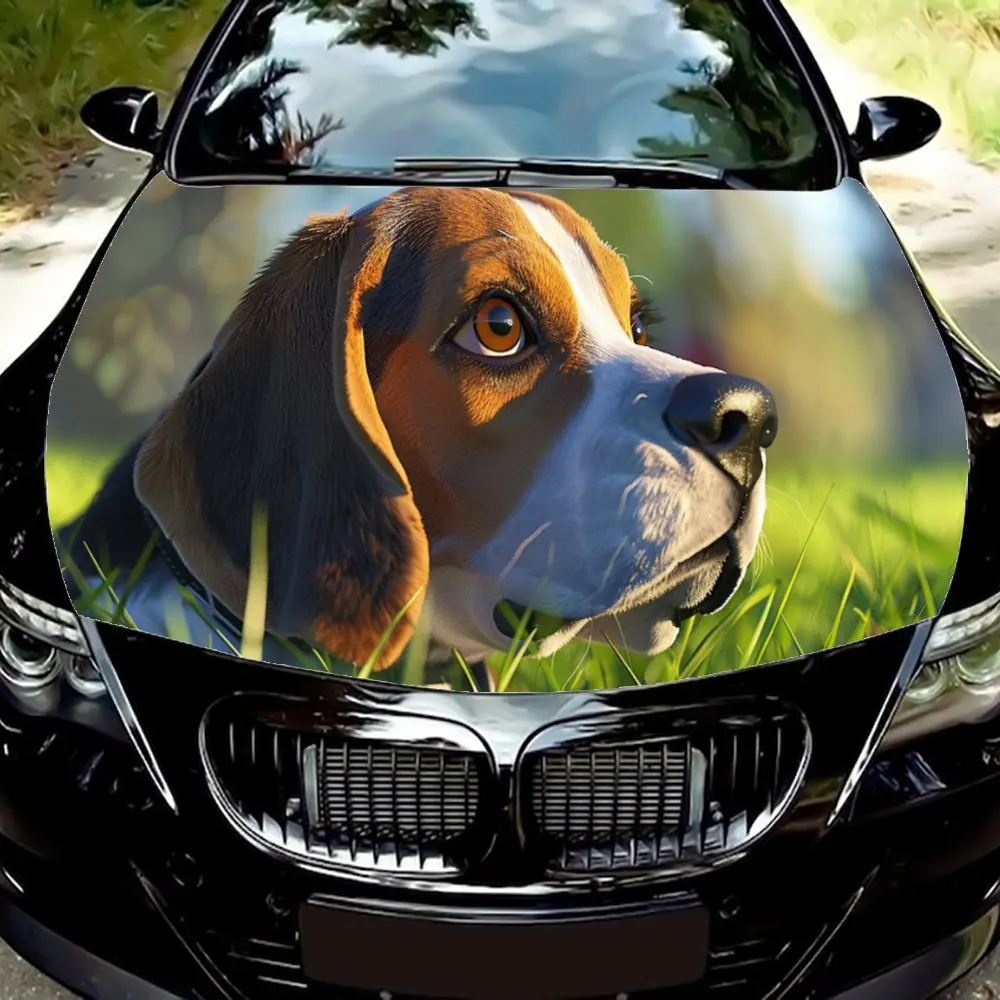 Beagle with Widened Eyes Print Car Hood Wrap Color Vinyl Sticker Truck Graphic Bonnet DIY Auto Accessories Decoration Decal