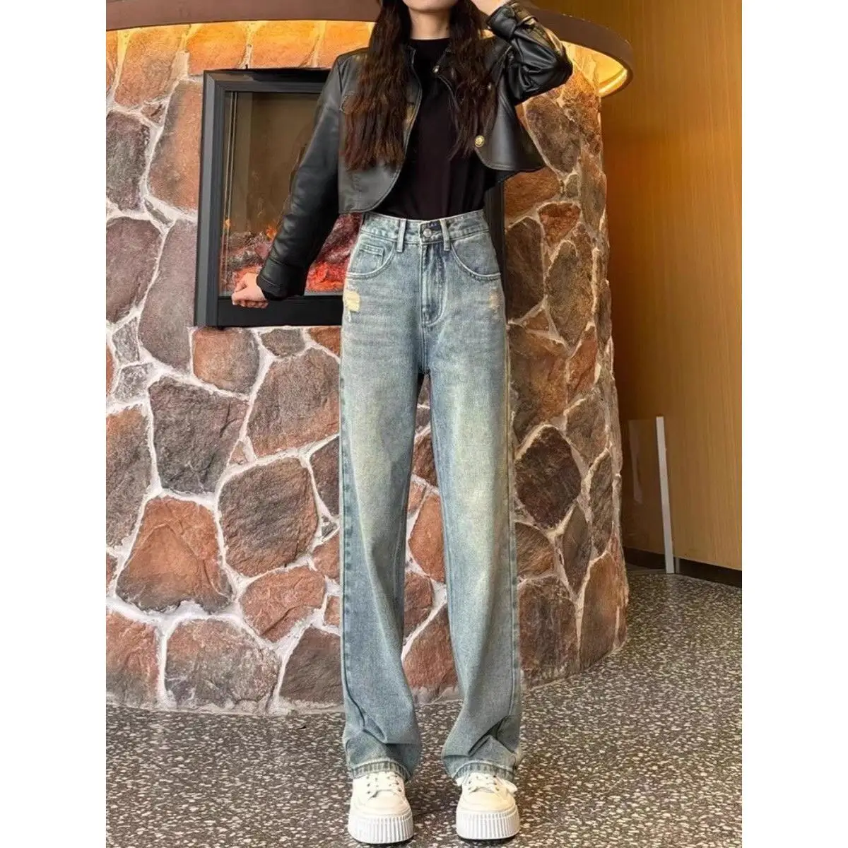 

High Waist Straight Leg Vintage Jeans Slimming Pear Shape Small Size Loose Fit Versatile Blue Cotton Polyester Blend Casual J...