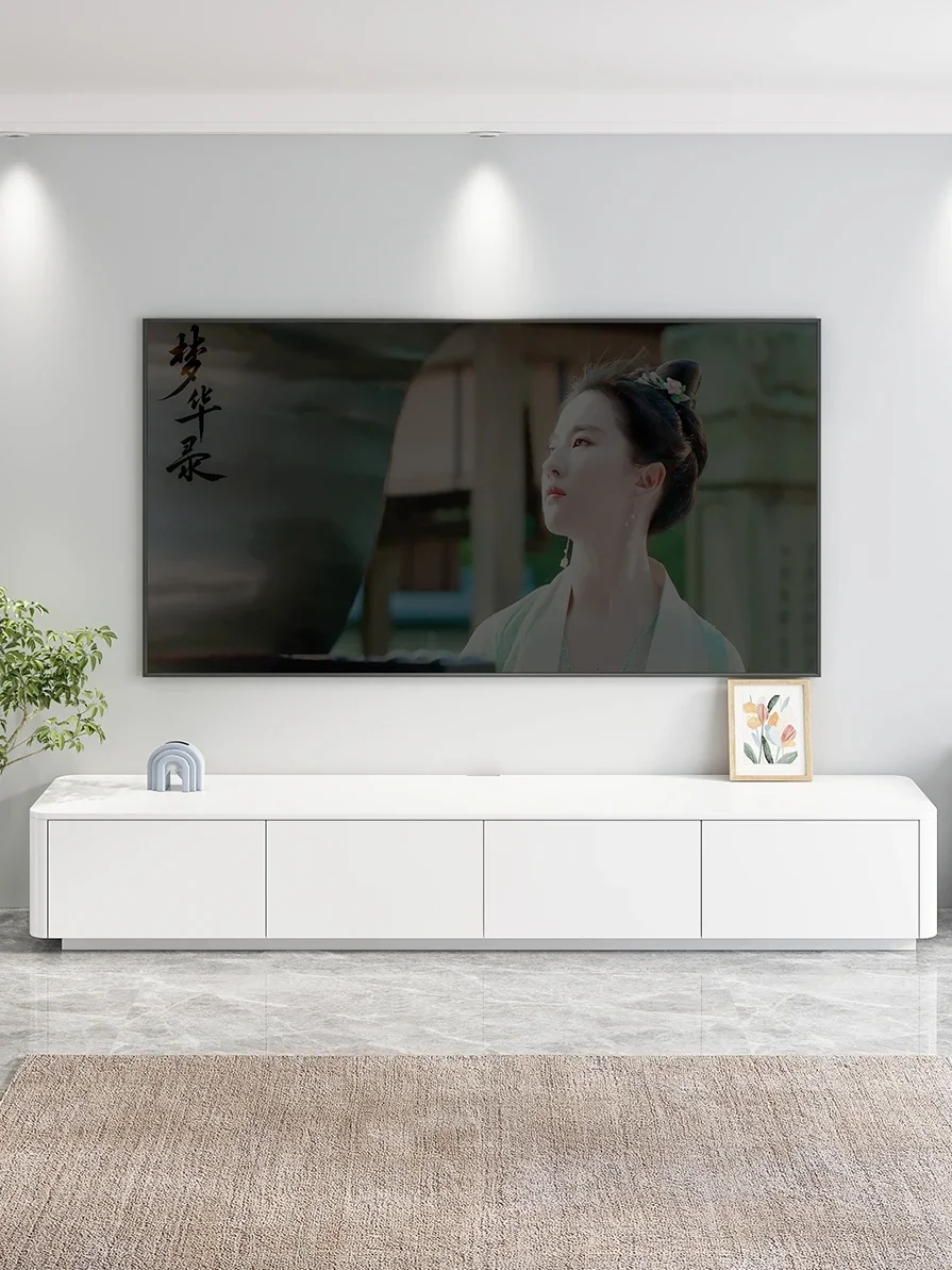 TV cabinet modern and simple solid wood living room, home paint, cream style, minimalist white rounded corner, floor standing TV