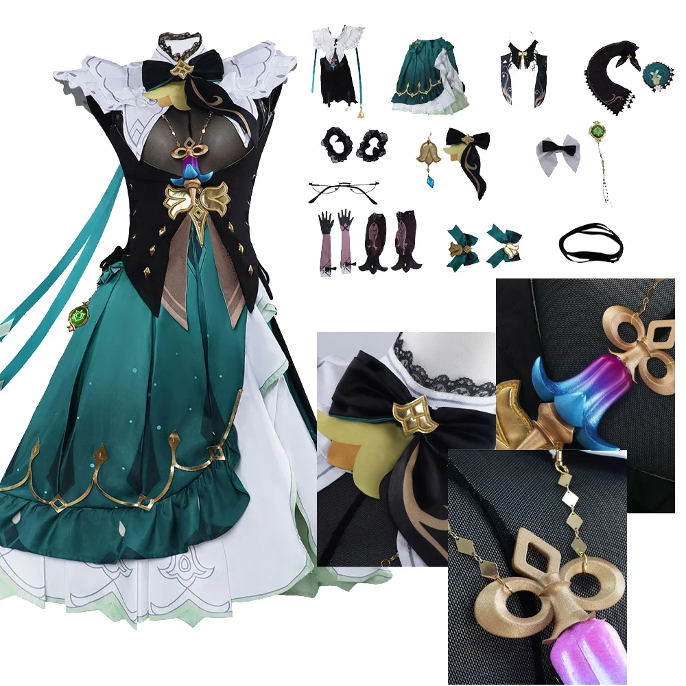 

Game Genshin Impact Emilie Cosplay Dress Costume Roleplay Fantasy Earrings Women Female Outfits Halloween Carnival Suit