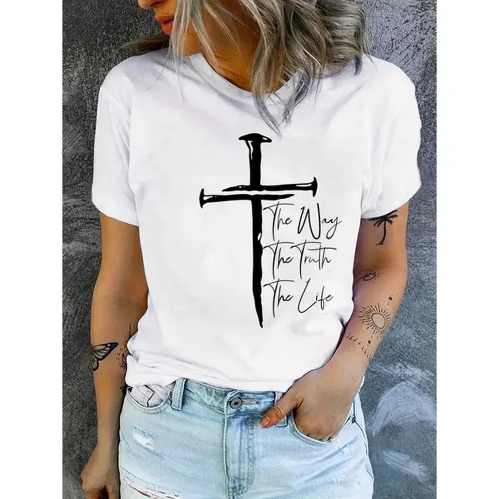 [100% algodón] Camiseta informal de cuello redondo para mujer con estampado de "Love Like Jesus", tejido de punto 100% poliéster, patrón geométrico, camiseta de verano suave y cómoda, camiseta para el día a día | Camiseta de Cuello Redondo | Camisa lavable a máquina, camiseta de regalo T S Golf para hombres y mujeres
