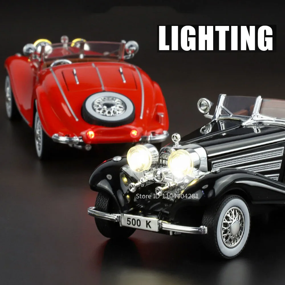 Modèle de jouets en alliage moulé sous pression, 1:32 500K 300SL, voiture Vintage, son et lumière, portes ouvertes, ornement, cadeau de collection pour adultes et enfants