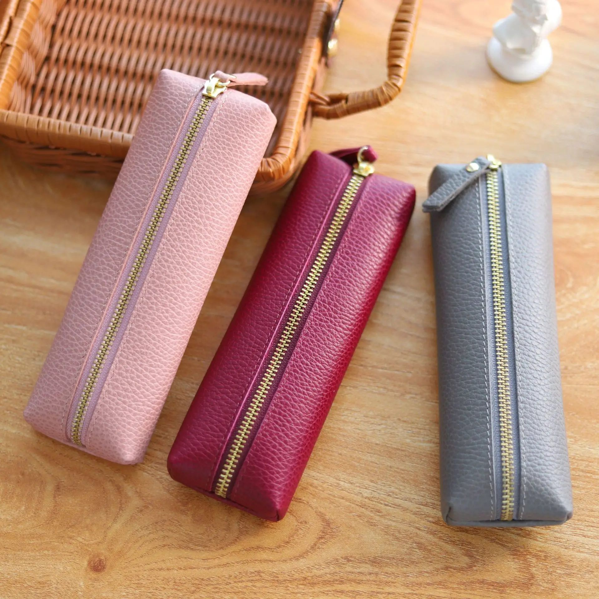 Handmade Pen Pencil Storage Bag Cowhide Pencil Bag Lychee Pattern Zipper Stationery Bag Creative Male and Female Student Storage