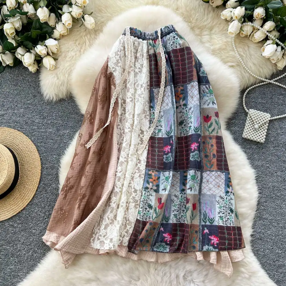 

Японский стиль Mori Kei, винтажные кружевные лоскутные асимметричные юбки с цветочным принтом, женские юбки с высокой талией для отдыха и отпуска, сказочные юбки