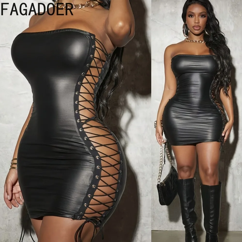 

FAGADOER Punk Gothic Sexy Leather Patchwork Bodycon Dresses Woman Solid Color Hollow-out Bandage Dresse Female Party Clubwear