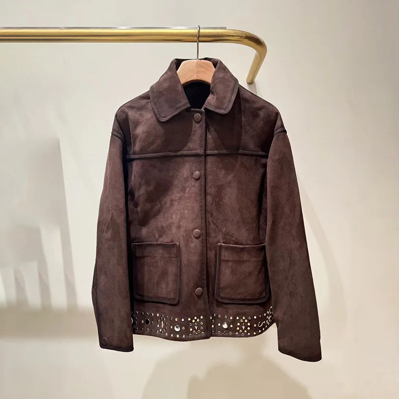 【هدية مجانية】2025 سترة كلاسيكية لخريف وشتاء فرنسية-إيطالية مرصعة بكتف منسدل فضفاضة من جلد الغزال #1