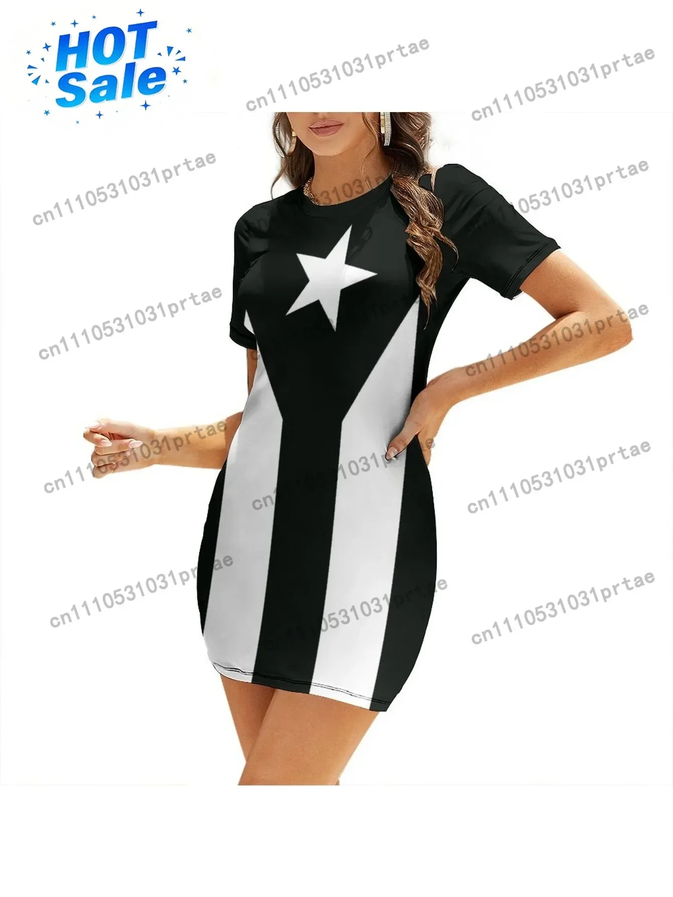A Stylish Mini Dress for Women Featuring a 3D Digital Print of The Monochrome Puerto Rico Flag Designed with Short Sleeves Black