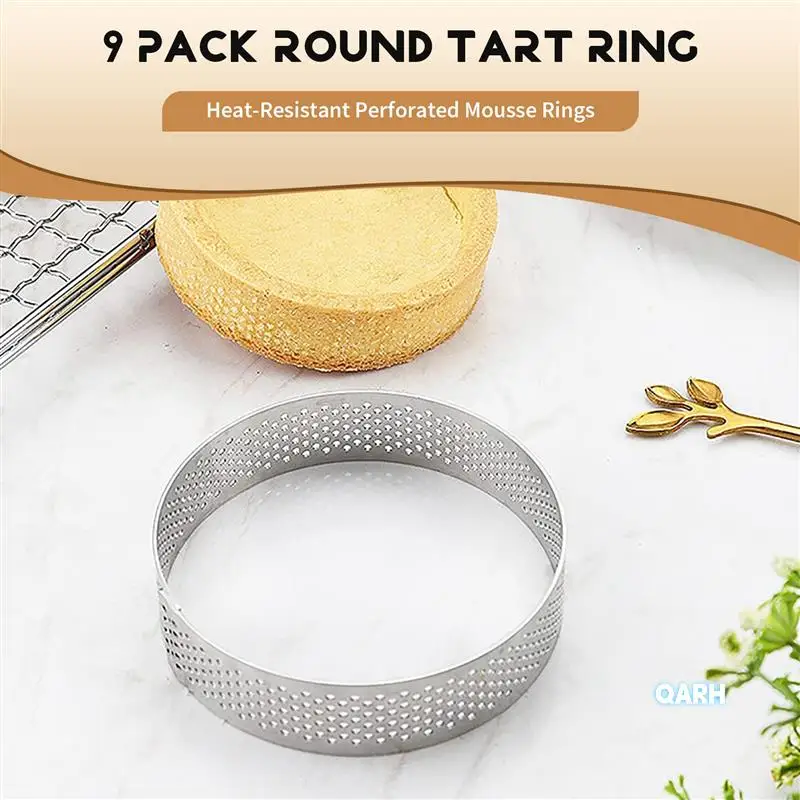 Paquet de 9 anneaux à tarte ronds, anneaux à Mousse, anneaux à Mousse perforés résistants à la chaleur en acier inoxydable, moule à anneau rond en métal