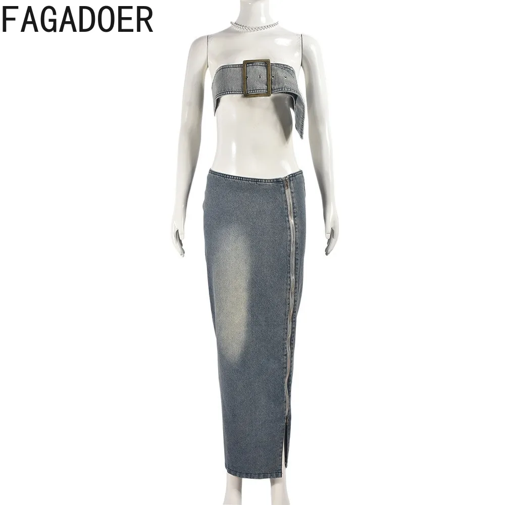 FAGADOER Fashion Personalized Trend Streetwear Women Denim Belt Sleeveless Backless Tube And Zipper Slit Skinny Skirts Outfits