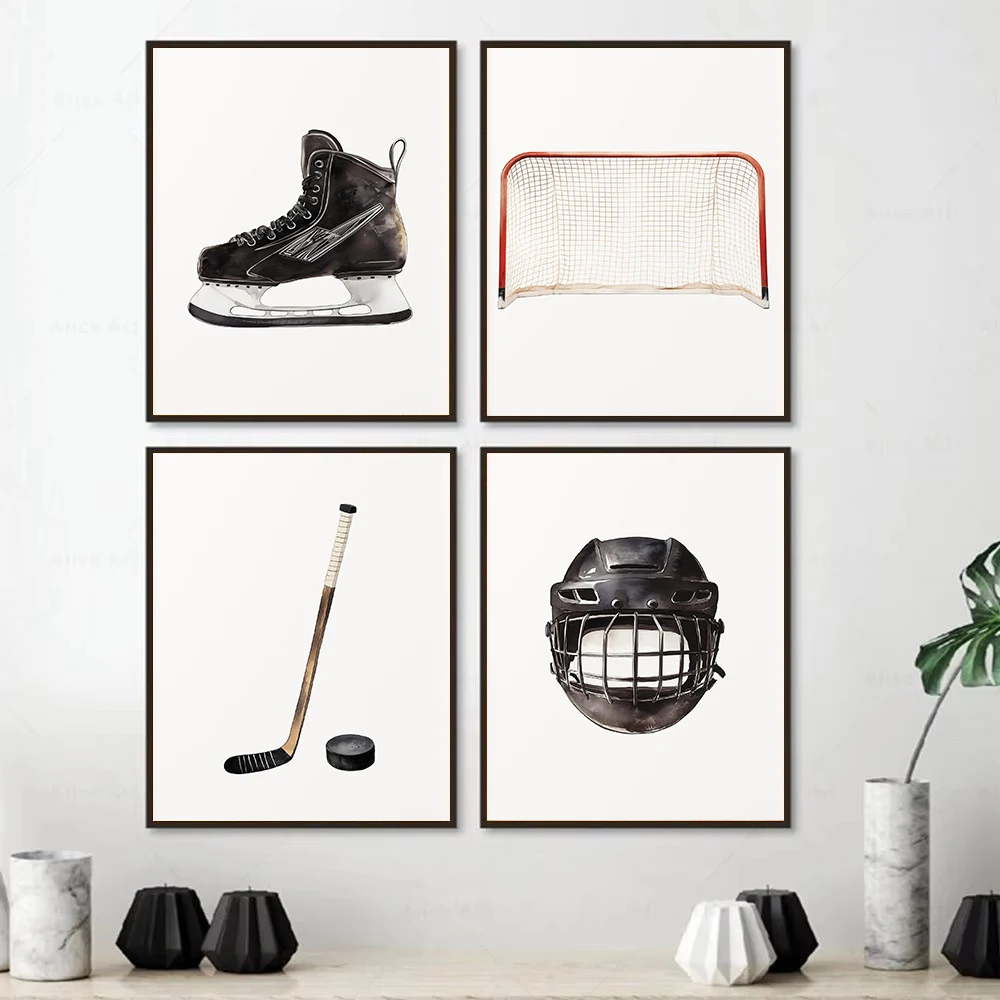 Minimalist Winter Sports Black Ice Hockey Nursery Illustration Poster Canvas Painting Wall Art Pictures Home Boy‘s Room Decor