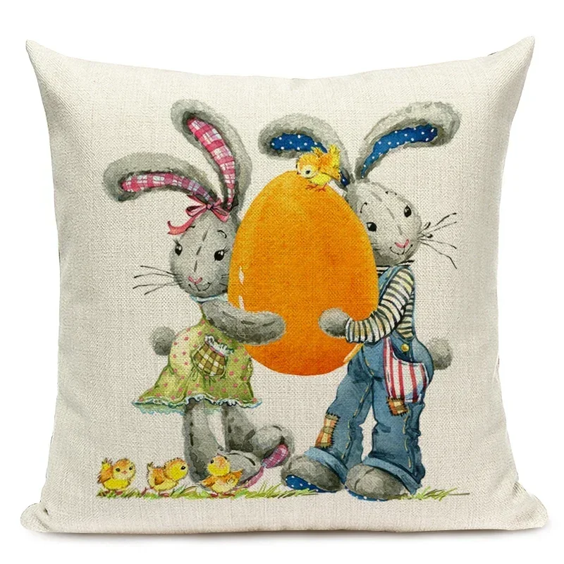 

Happy Easter Cushion Cover Cute Smiling Bunny Rabbit Color Eggs Print Home Decor Pillow Cover For Sofa Bedroom Office