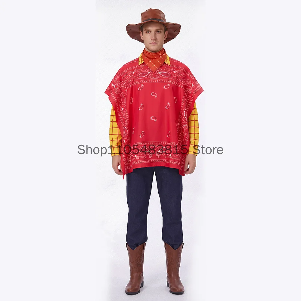 Disfraz de Woody para hombre, disfraz de Sheriff de la película Toy Story, poncho, bufanda, bandana, disfraz de rol del oeste.