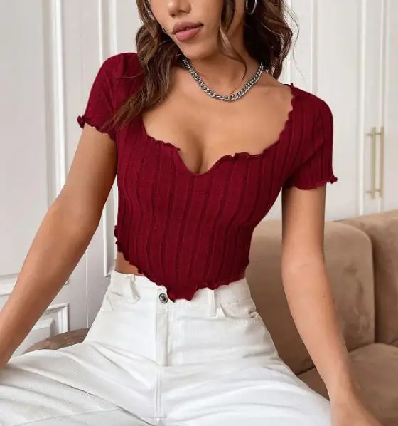 

2026 Summer New Women's Clothing Sweet and Sexy Spicy Style T-Shirt French V-Neck Short Fit Slim Slimming Top with Exposed Navel