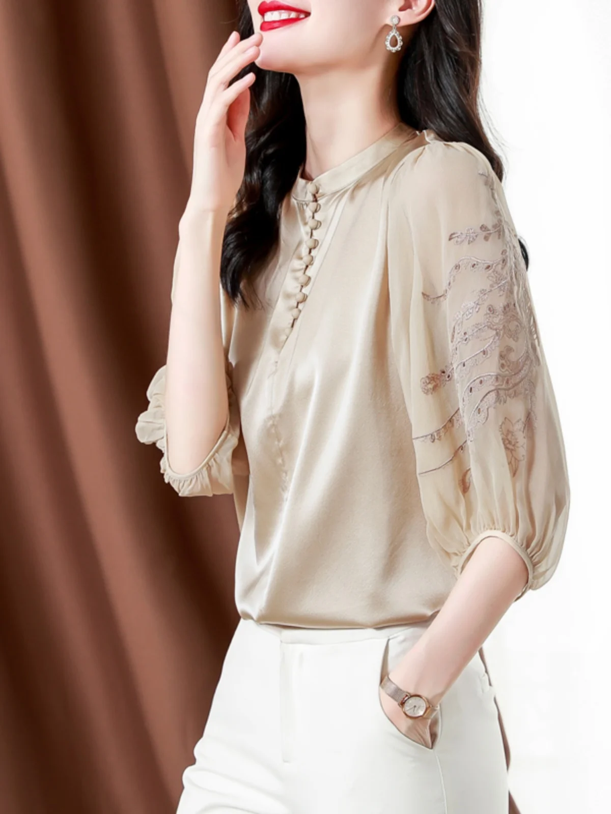 

Women's Ice Silk irt Summer Lantern Sve Top Korean Sle Loose Fit Button Detail Embroidery Creative Pattern Thin Material