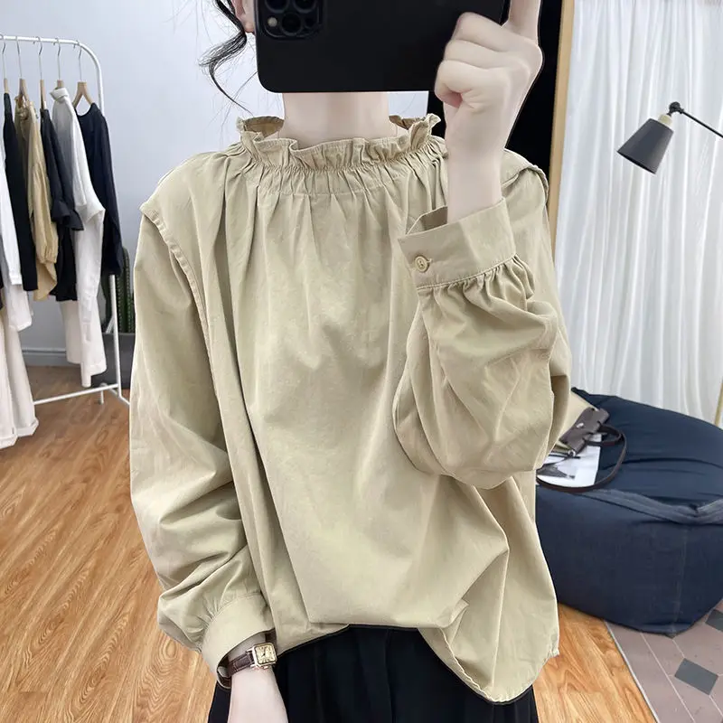 Spring Summer Bubble Sleeve Chiffon Shirt Retro O-Neck Collar Solid All-match Pullovers Loose Fashion Elegant Women Clothing