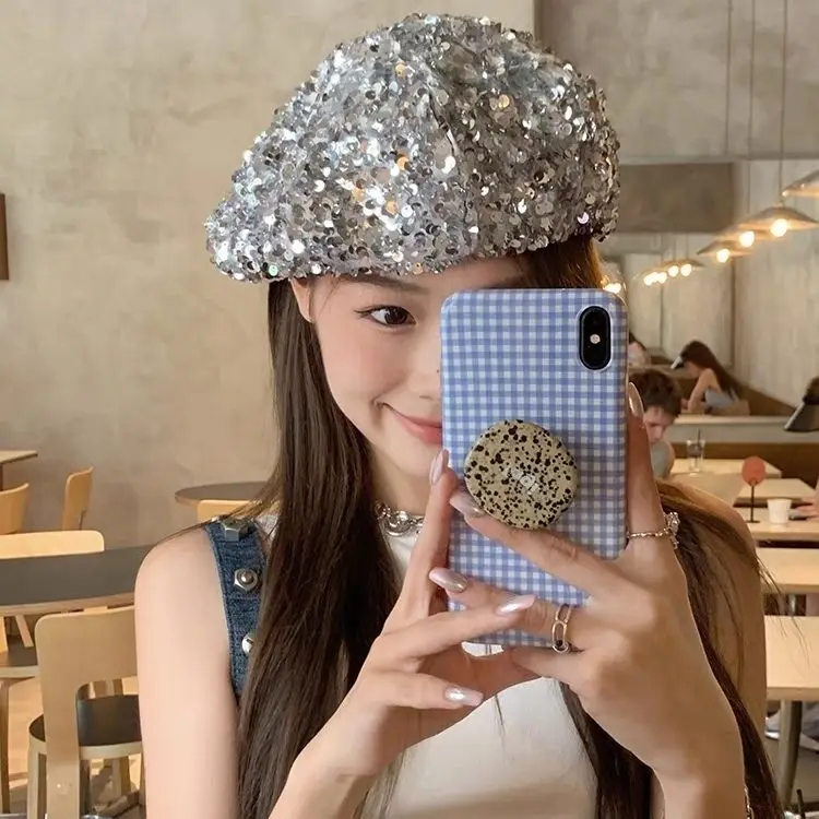 INS Niche Design Sparkling Sequin Beret Hat Female Big-headed Cloud Hat Autumn and Winter Nightclub Costume Hats