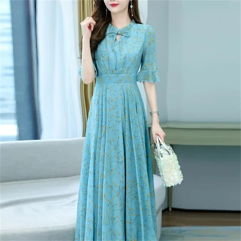 2024 Summer Floral Dresses For Women Korean Party Casual Beach Chiffon Formal Maxi Elegant Spring Long Evening Dress