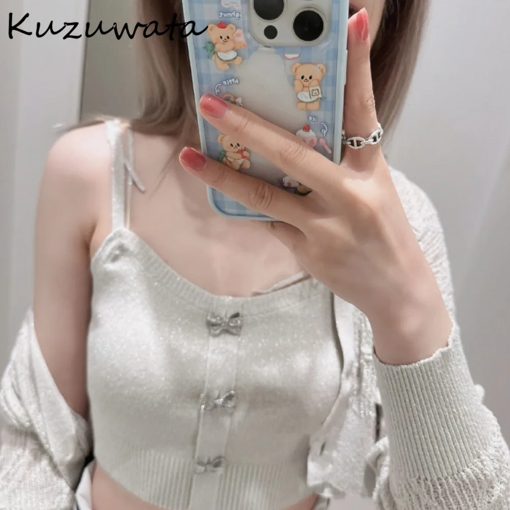 Kuzuwata New Sweet Knit All-match Vest Sling Sweet Temperament Bow Lace Up Fresh Tanks Japan Casual Patchwork Diamond Sexy Camis