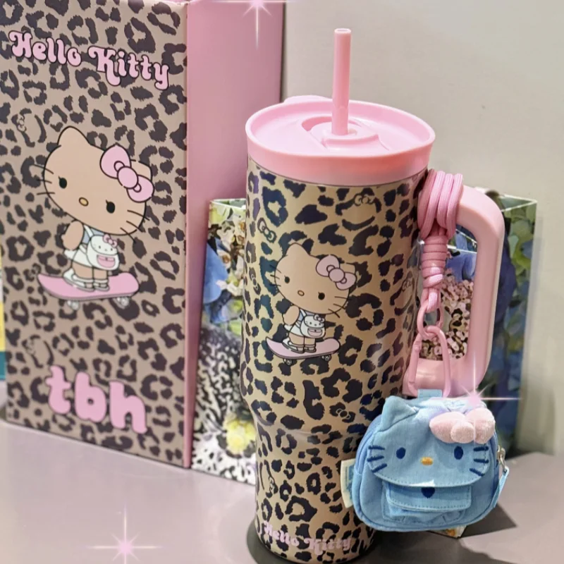 

In Stock Original Tbh Leopard Print Hellokitty Series Straw Thermos Travel Sports Water Bottle Steel Cold Insulation Cup Gift