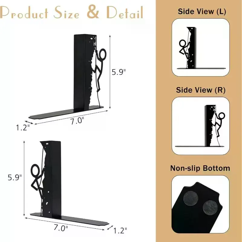 1 Pair Heavy Metal Bookends Black Abstract Non-Slip Book Display Stand for Book Lovers Dorm Desk Decor
