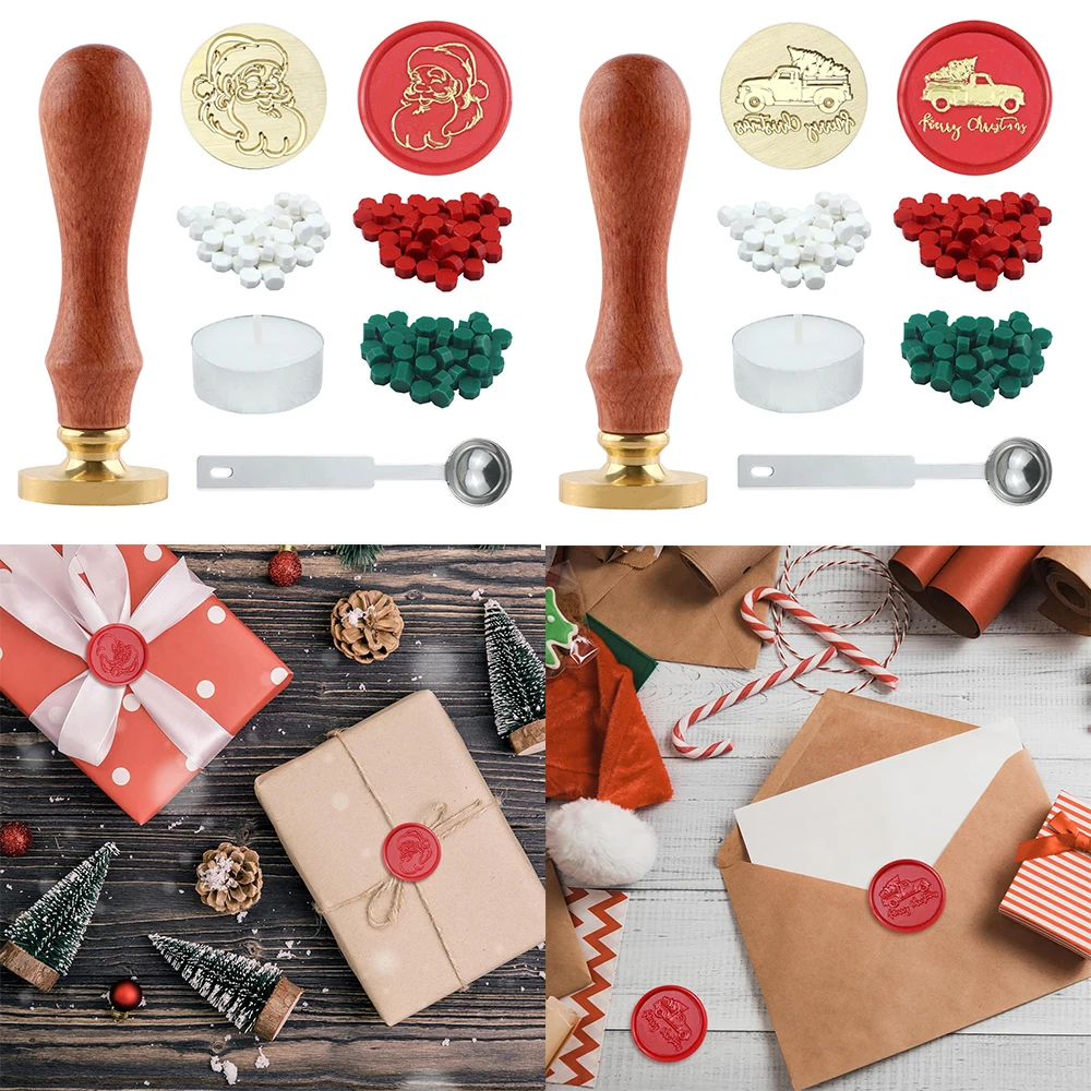 

Christmas Seal Wax Stamps with Wooden Handle Set 300Pcs Wax Seal Beads Wax Melting Spoon Candles for Diy Christmas Gifts Decor