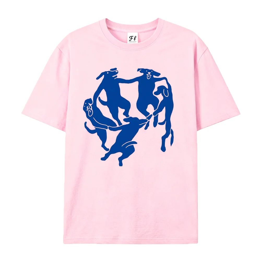 Womens White Oversized T Shirt Dancing Dogs Circle Graphic Retro Aesthetic Dog Lover Gift Casual Short Sleeve Streetwear Tee