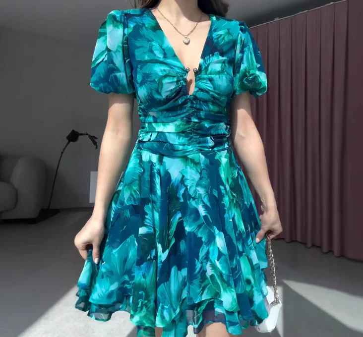 Elegant Party Dresses Woman V-Neck Slim Fit Short Sleeved French Flower Print A-Line Dress Women's Summer Elegant A-Line Dress